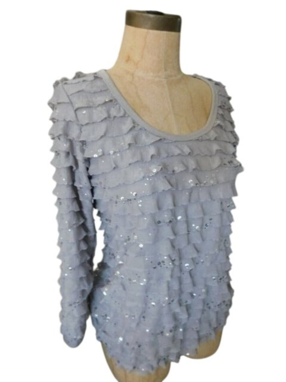 Slinky Brand Size XS Gray Ruffle Sequin STRETCH 3/4 Sleeve Top Blouse